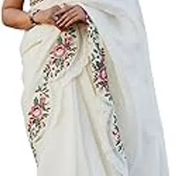 sgf11 Women's Tussar Silk Embroidery Work Saree With Unstitched Blouse Piece (White)-picture-54