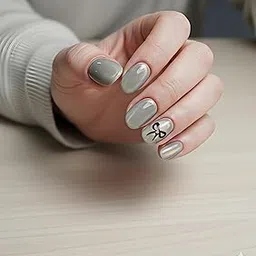 Short Oval Grey Press On Nails with Subtle Metallic Sheen and Minimal Black Bow-picture-16