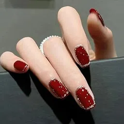FWS Artificial fake Press On Nails Art Set (Set Of 20) Reusable Nails Extension,BridalNails,Stick-On Nails,Manicure Art Set, AcrylicNails,False Nails,DesignerNails | Nail Glue, Nail file, cuticle pusher, cleaning wipe | Glossy Maroon Glitter French Shape Medium Square-picture-15