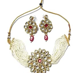 sharvari imitation jewellery Red Kundan Pearl Choker Set With Earrings For Women and Girls(Design 2).-picture-14