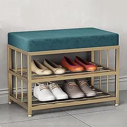 Z Impex Hallway Metal Shoe Rack with Velvet Cushion,Bedroom Bench Ottoman Accent Furniture,Modern Tufted Upholstered Entryway Shoe Bench,2 Tier Shoe Organizer-Green 60x35x45cm(24x14x18inch)-image-38
