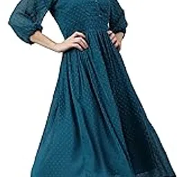 janasya Women's Teal Blue Dobby Chiffon Woven Design Flared Midi Dress-picture-56