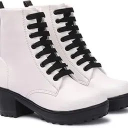 Stylish white preppy style boots for women, Lace-up Fashion boots with thick high-heeled boots and solid color design-image-23