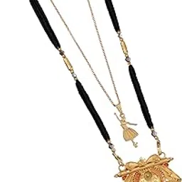 malkyn Women's Gold Plated Peacock Motif Mangalsutra with Enamel Work and Ballerina Pendant Layered Necklace Set, Traditional Indian Black Beaded Jewelry-MD-052-picture-20
