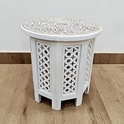 Alvi Enterprises Handcrafted Moroccan Side Table, White Finished, Round Top with Carved Pattern, Lattice Design, Indoor Accent Table 15x15x15.5 inch-picture-43