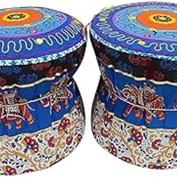 jagdmba handicrafts Rajasthani Style Print Design Cotton Fabric |Muddy | Mudda Cover Set of 2 Pic. | Stool | Pouffes | Patio Chair | Ottaman | Footstools Cover for Livingroom (Elephant)-picture-18