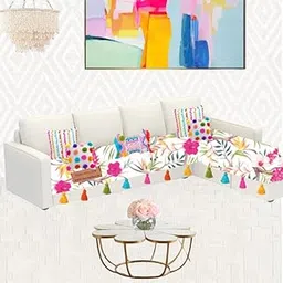 Neutral Tropical Floral Sofa Cover With Tassels: Thick Fabric L-Shape, Anti-Slip, Washable - Set of 3 Seat Covers for L Shape (3 Seater + Lounger + Ottoman)-picture-31
