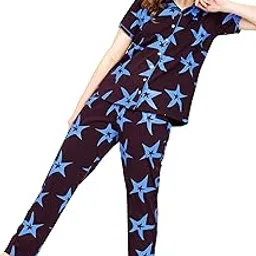 zeyo Night Suit for Women's Star Printed Cotton Night Dress of Shirt and Pajama Set 5754-picture-18