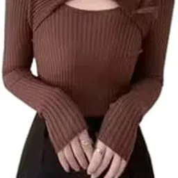 Latest Long Sleeve Plain Cutout Ribbed Knit Top for Girls | Stylish Lycra Casual Wear Crop Tee-picture-41