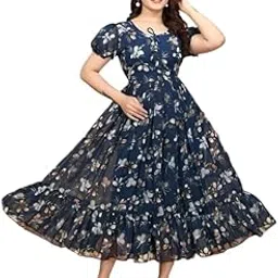fennel Women Floral Printed Puff Sleeve Dress | Fit & Flare Western Style Midi Dress | Casual-picture-10
