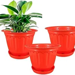 GARDENS NEED 10-Inch (25.4 cm) Jasmine Flower Pot with Drip Tray - Round Shape Planter | Perfect for Home, Office, Garden, Terrace, Balcony or Gift Decor| (Pack of 3) - Red-picture-10
