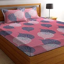 BSB HOME® Super Soft Glace Cotton 180 TC Floral Print Double Bedsheet with 2 Pillow Covers- Light Pink and Green-picture-13