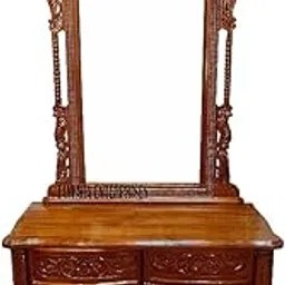 MUSKAN Arts Teak Wood Dressing Table for Bedroom | Antique Disign 2 Drawers + 2 Doors with 2 Shelves Storage Without Mirror Frame & Beautiful Hand Carving (30 * 20 * 81 Inch) (Brown Finish)-image-21