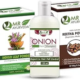 MR Ayurveda Onion Shampoo, Indigo Powder and Reetha Powder - Set of 3 (320 Grams)-image-43