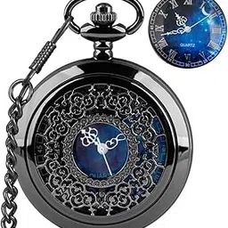 tiong Pocket Watch Hollow Blue Star Design Roman Numerals Quartz with Chain Christmas Birthday Gifts, black blue, retro-picture-20