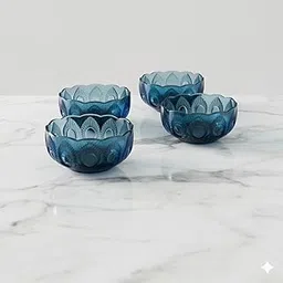Pingaksh Glassware Peacock Blue Decorative Glass Bowl Set | Pack of 4 Stylish Serving Bowls for Snacks, Desserts, Fruits & Home Décor | Premium Designer Tableware Gift Set-image-2