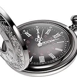 khazna Vintage Pocket Watch Steel Men Watch with Chain Arabic Numerals Watch Pendant for Father Day Birthday Gift, Black, Vintage-picture-12