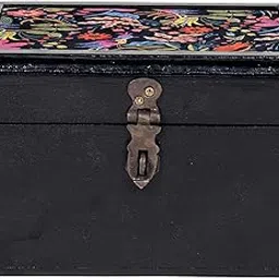CONTRAST LIVING Floral Haven Wooden Decorative Storage Organizer Box – Black Jewelry Organizer with Fabric Top (15x15x9 cm)-image-8