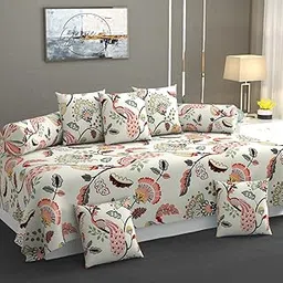 Premium Cotton Diwan Set 8 PCS|300 TC Fabric |1 Bedsheet (90x60 inch), 5 Cushion Covers (16x16 inch), 2 Bolster Covers (16x32 inch) |Vibrant Floral & Geometric Designs|White Floral-picture-16