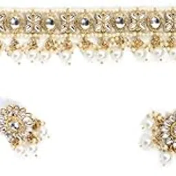 reesha jewel Traditional Indian Jewellery Set with Pearl and Crystal Choker Necklace, Maang Tikka, Earrings in White color-picture-53