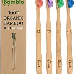 Organic Bamboo Toothbrush, Soft Bristles, Biodegradable, 4-Pack with Colorful Bristles, Decorative Handle Designs image 1