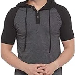 kalt Men's Half Sleeves Dual Colour Cotton Blend Hoodie(Dark Grey Melange::Black)-picture-22