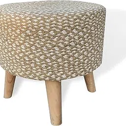 BELLA TRUE Stool Ottoman for Living Room Sitting Printed Ottoman upholstered Foam Cushioned pouffe Puffy for Foot Rest Home Furniture with 4 Wooden Legs (Jute&Whitemix)-picture-48