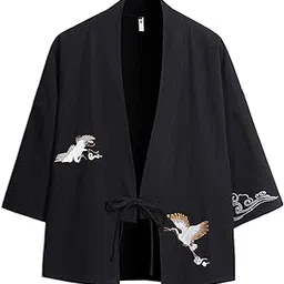 xbslj Men's Kimono Cardigan,Men Plus Size Japanese Kimono Style Cranes Embroidery Cardigan Jacket Vintage Loose Japanese Yukata Coat Top,Black-XXXXXL-picture-25