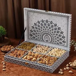 Riwaz Luxury Mor Pankh Dry Fruit Gift Box | 6-in-1 Premium Hamper with Almonds, Cashews, Pistachios, Walnuts, Raisins & Khumani | Ideal for Corporate, Wedding & Festival Gifting (650g)-image-94