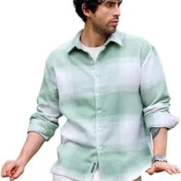 campus sutra Men Shirt | Spread Collar, Long Single-Button Cuff Sleeves | Button, Straight Hem | Plaid Twill | Woven Fabric for Casual Light Pistachio:Cream White-picture-15