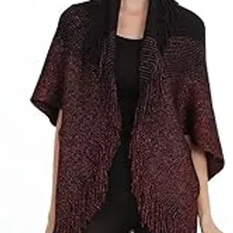 bold n elegant Winter Woolen Shawl Collar Warm Open Front Poncho Cardigan Shrug Style Wrap with Tassel Fringe Hem and Sleeves for Women-picture-23