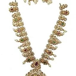 Traditional Temple Design Gold-Plated Necklace Set with Pearl Drops, Ruby and Emerald Stones, Antique Finish-picture-31