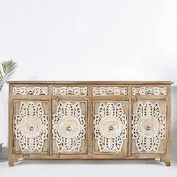 Handcrafted Wooden Sideboard Cabinet with Carved Mandala Doors 4 Drawers and Brown Finish, Solid Wood Storage Console for Living Room, Dining Room, or Entryway Décor-picture-36
