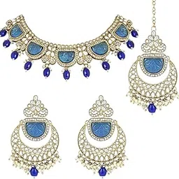i jewels 18k Gold Plated Traditional Pearl Kundan & Stone Studded Jewellery Necklace Set with Maang Tikka for Women (K7235)-picture-34
