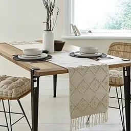 ALSTONIA Luxurious 100% Natural Pure Cotton Handmade Table Runner with Tassels for 6 Seater Dining Table Designer Pattern (14 x 72 inches)-Pack of 1 (Off White Diamond)-picture-26