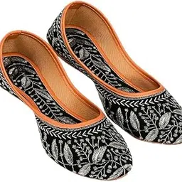 Women's Embroidered Feather Pattern Slip-on Jutti Attractive Design Comfortable Sole, Traditional Indian Flats with Tan Trim, Stylish Casual Fancy Bellies Jooti for Women & Girls (Jutti_2114)-picture-33