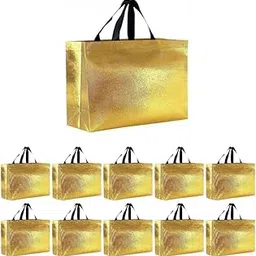 Pack of 10 Gift Bags Large Size: L-17 x W-5 x H-12 inch, Resuable Non-Woven Shiny Metallic Laminated, Haldi Return Gifts, Bags for Diwali Gift, Return Gift For Birthday (Large, Golden)-picture-70