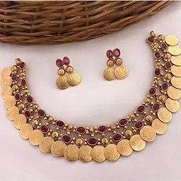 lucentarts jewellery South Indian Gold Plated Copper Necklace Jewellery Set for Women with Earrings – Artificial Stone Design No TEMPAL190-picture-40