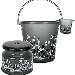 RATAN PLASTICWARE Plastic Bathroom Set of 3 Combo with (16L Bucket X 1 / 1L Mug X 1 / Nova Patla Stool 107 X 1) Bath Set for Home, Kitchen- Frosty Bubble Print -Smokey-picture-33