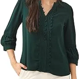 Women Green Collared 3/4TH Sleeves Solid Casual Top-image-3
