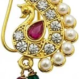 Navadurga Jewels Beaded Peacock Maharashtrian Nath | Traditional Nathni with Pearls, Stones & Dangling Beads for Women Design By Vanita(4 cm, Gold Finish)-image-56