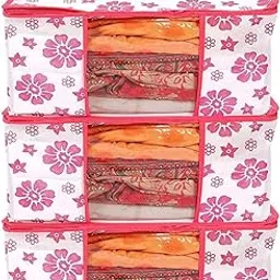 Set of 3 Floral Printed Saree Storage Bags with Transparent Window – Foldable Cloth Wardrobe Organizer for Sarees, Suits & Seasonal Clothes (Pink)-image-10