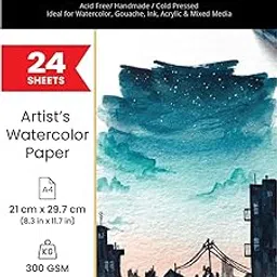ARTIOS Artists' Watercolor Paper A4 300 GSM - 100% Cotton, Cold-Pressed, Acid-Free, Handmade Water Colour Papers for Watercolour, Acrylic, Gouache, Ink & Mixed Media, 24 Sheets-image-6