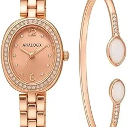 Women’s Rose Gold Analog Watch with Bracelet Combo – Elegant Oval Dial with Crystal Bezel – Stylish Gift Set for Girls & Women image 1