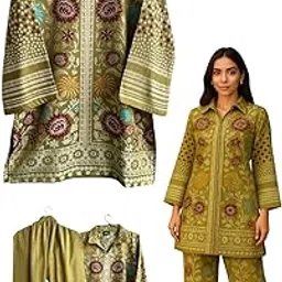 Women's Floral Print Woollen Co-ord Set, Turquoise Blue with Pink Embroidery, Long Sleeve Top and Pants-picture-20