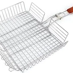 Grill Grid,Portable Stainless Steel Grill Basket,Barbecue Accessory Folding BBQ Mesh for Fish Chicken Vegetables Non Stick Portable Stainless Steel BBQ Grill stainless steel with wood grip_1-picture-28