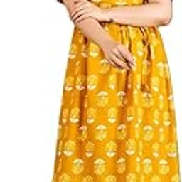 Women's Floral Print Midi Dress, V-Neck, Short Sleeve, Mustard Yellow, Knee Length-picture-53