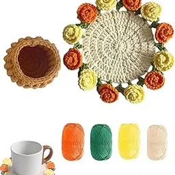 Crochet Flower Pot and Coasters Set, Flower Bouquet Blanket, DIY Craft Kit with Crochet Coasters and Flower Pot, Handmade Home Decor(Orange)-picture-12
