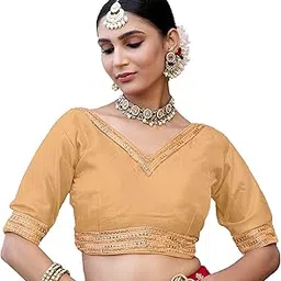 pujia mills Women's Indian Ethnic Wear Designer Embroidered Work V Neck Half Sleeve Readymade Padded Saree Blouse Readymade Unique Saree Blouse-picture-36