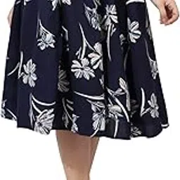 Mannat Diva Navy Blue White Flower Print Mid Calf Length Women Panel Polyester Skirt-image-96